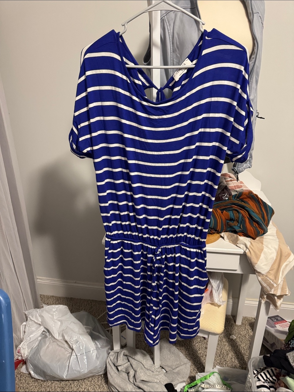 Zenana Outfitters Royal Blue and White Striped Tank Romper